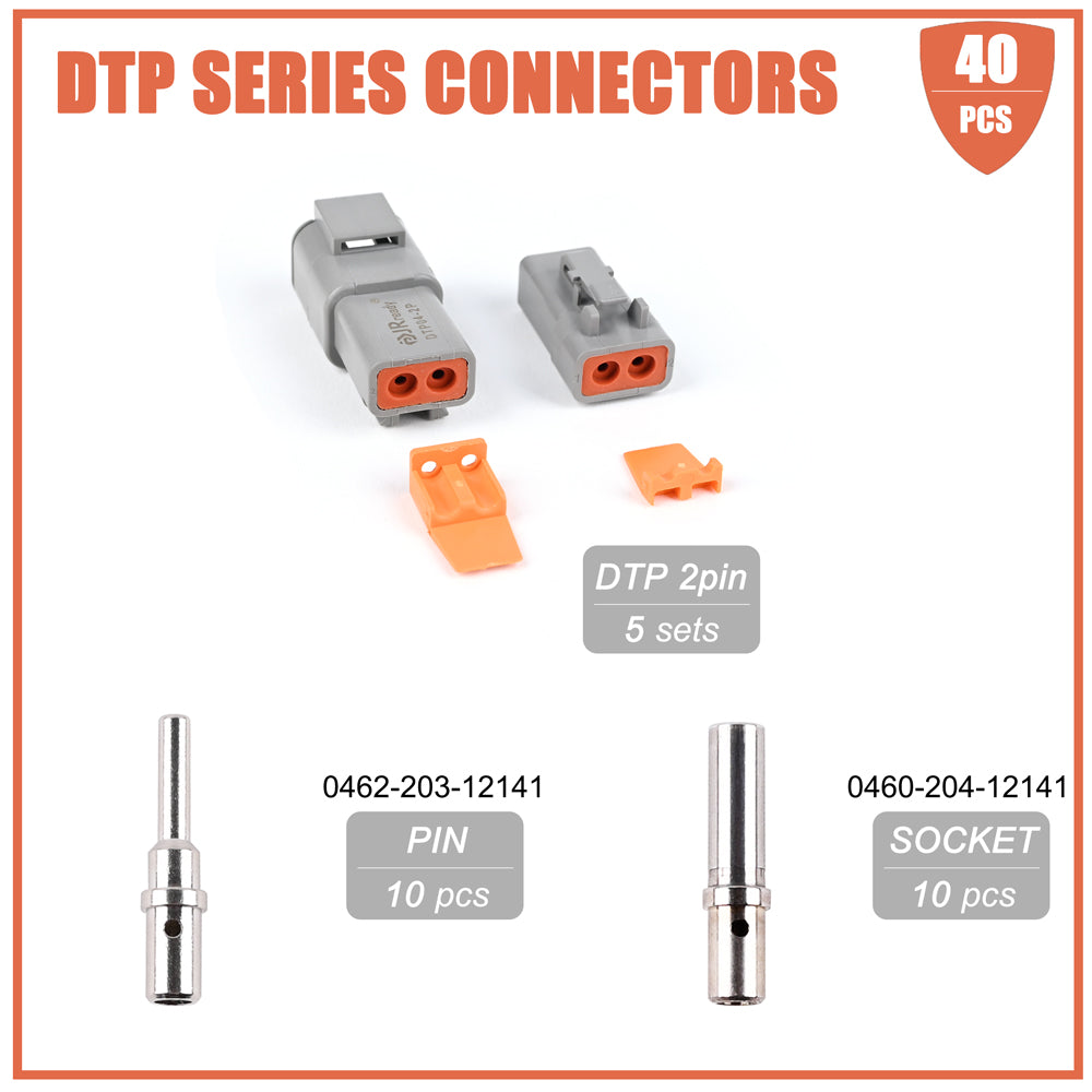 JRready ST6284 DTP-Steckverbinder-Set, 5 Sets, 2-poliges wasserdichtes elektrisches Steckverbinder-Set mit 10 Paar 14-12AWG (2,0-4,0 mm²) massiven Kontakten, Stecker und Buchse, geschlossenes Klemmen-Set (2-polig - 5 Sets)