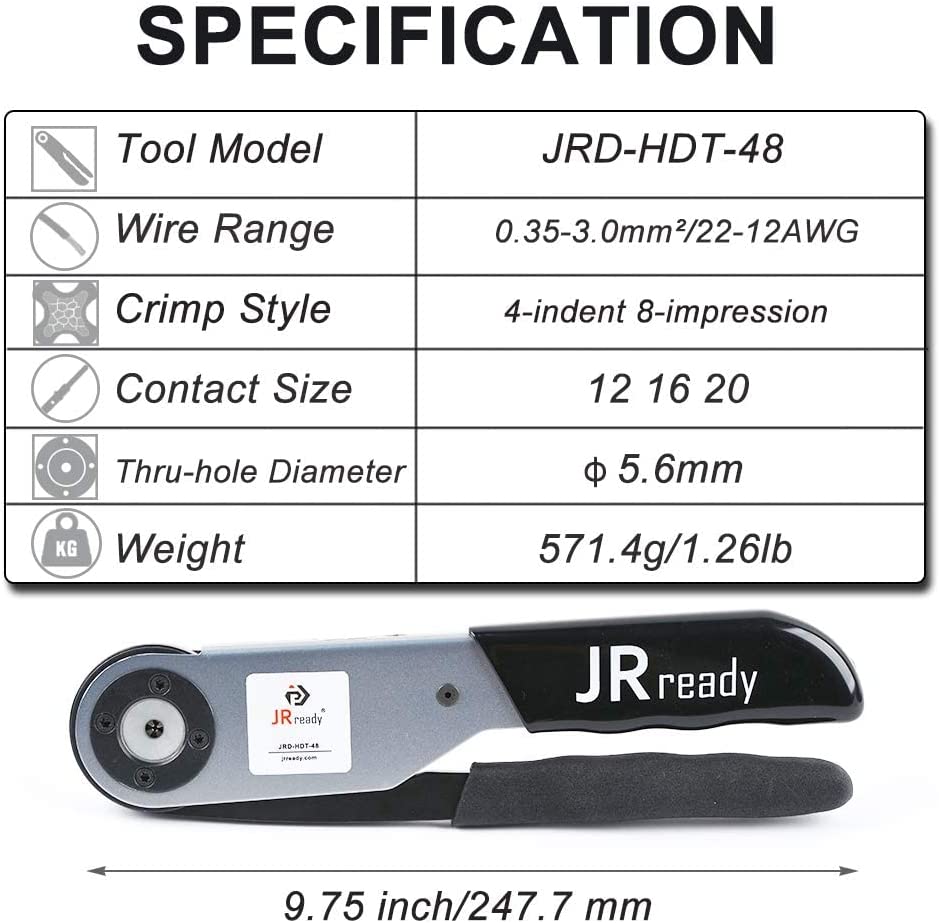JRready ST2158 KIT: JRD-DT2 Deutsch Crimpzange mit TH-DT Revolverpositionierer für Deutsch Vollrohr-Kontakt 12 16 20 Deutsch DT, DTM, DTP Steckverbinder, 12-22AWG 