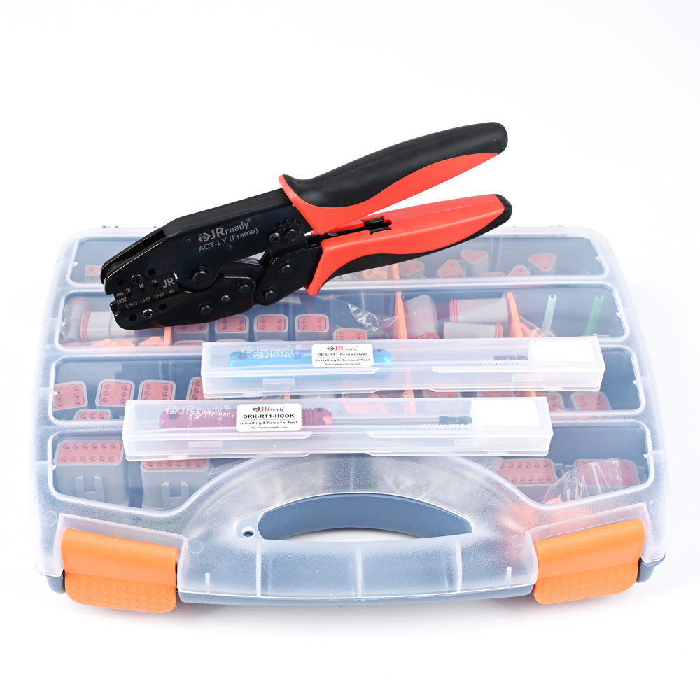 JRready ST6303 521 PCS DT Deutsch Connector Kit with Deutsch Crimper ACT-LY-16DT, 2-12Pin Terminal Connectors with Stamped Contacts Size 16 & DT Connector Removal Tool